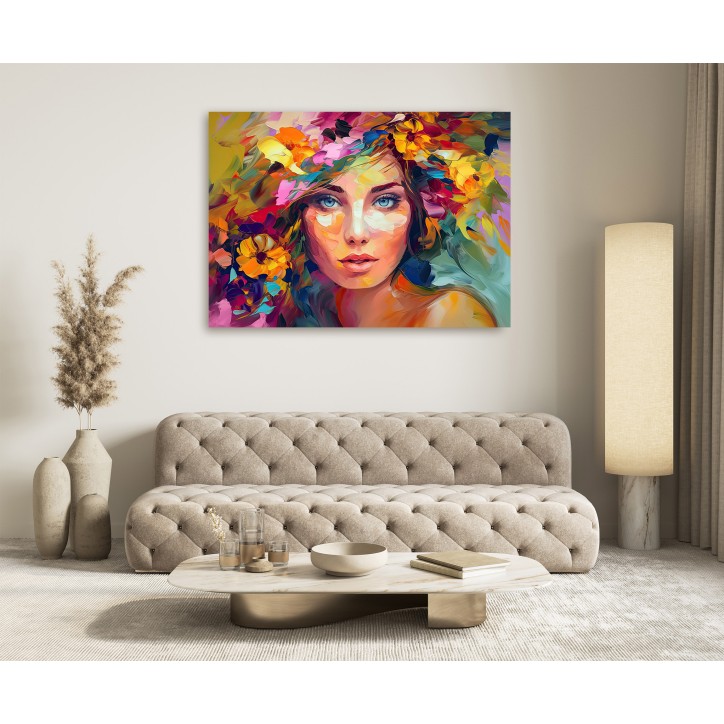 Cuadro Pintura Digital Mujer Patrón Floral Vibrante