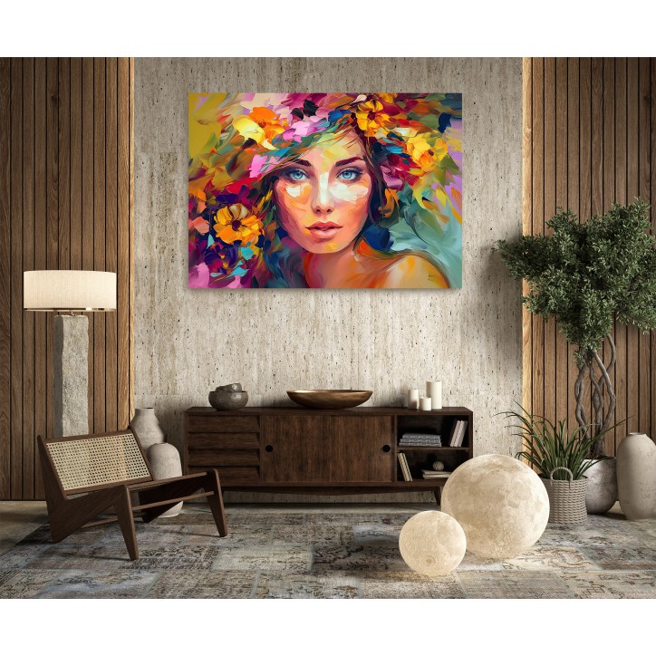 Cuadro Pintura Digital Mujer Patrón Floral Vibrante